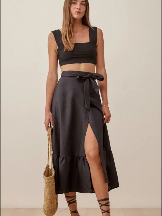 Reformation Black Linen Wrap Ruffle Skirt - Picture 4 of 15